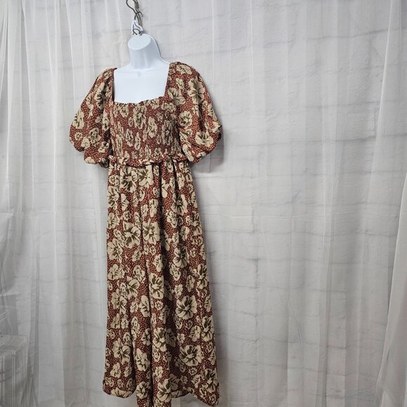 Entro Jumpsuit Wide Leg Floral Boho Coquette Cottage Smocked Puffed Sleeve L - Picture 7 of 13